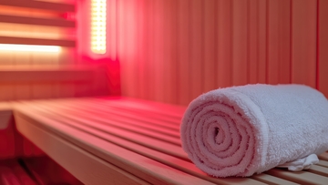 Stockphoto einer Innenaufnahme eines Liegebereichs in einer Sauna.